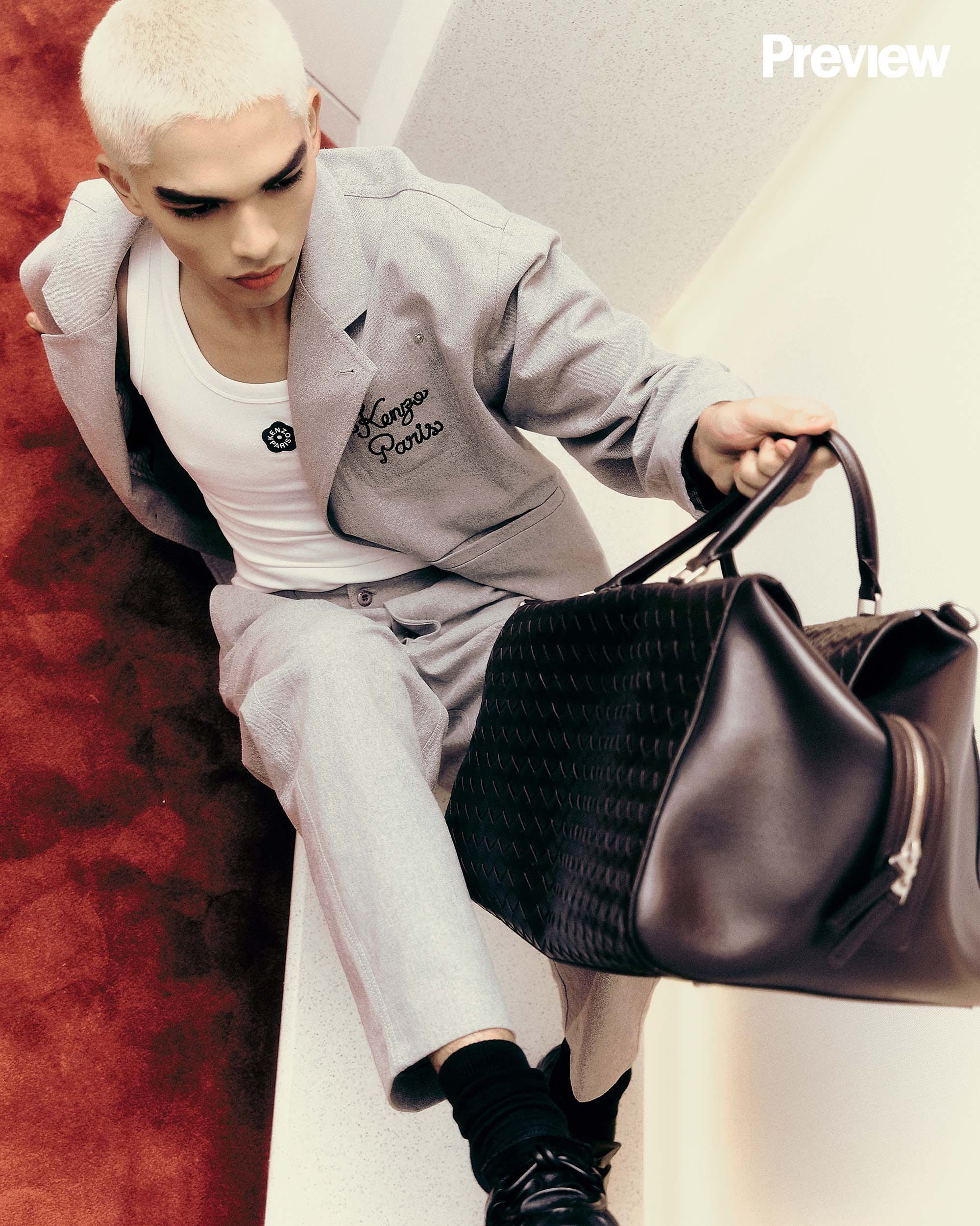 ON SUNIL: MBag Weekender - Fondant, P339,500. Crinkles shoes, P76,500. BOTTEGA VENETA, Greenbelt 4.